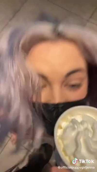 Girl LARPing as dog at Starbucks (probably for bucks)