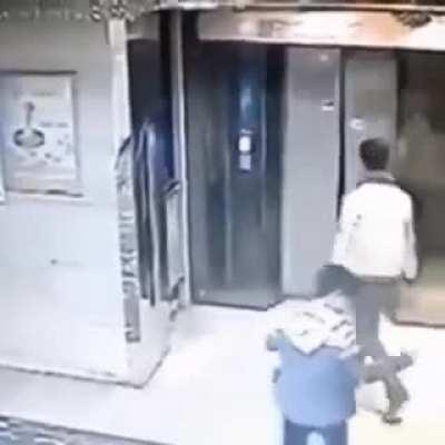 Idiot fighting elevator