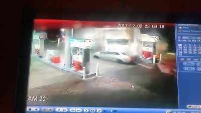 brutal truck crash at a gas station