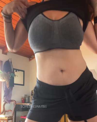Post workout and slightly sweaty but in a cute way; huge boobs