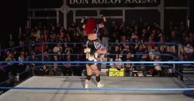 Jody getting a shoulder ride by her smaller tag parter Alexia Nicole following a win 💪🏽