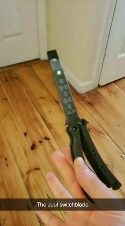 Thought y'all might enjoy this Juul butterfly knife I had the idea for while stoned. Designed and 3D printed it, it's stupid af, but I think it's super cool.