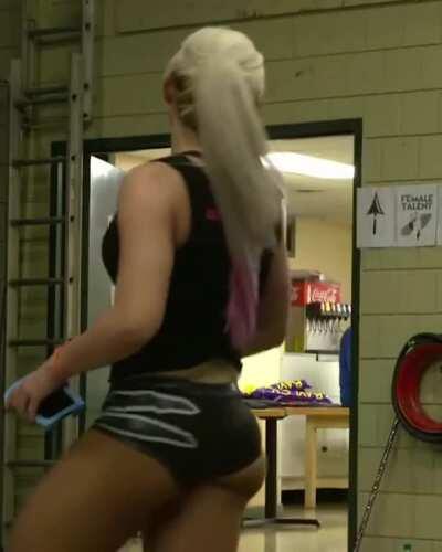 Her shorts can barely contain them