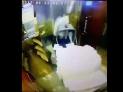 Hotel elevator fails just as a cleaning lady is exiting