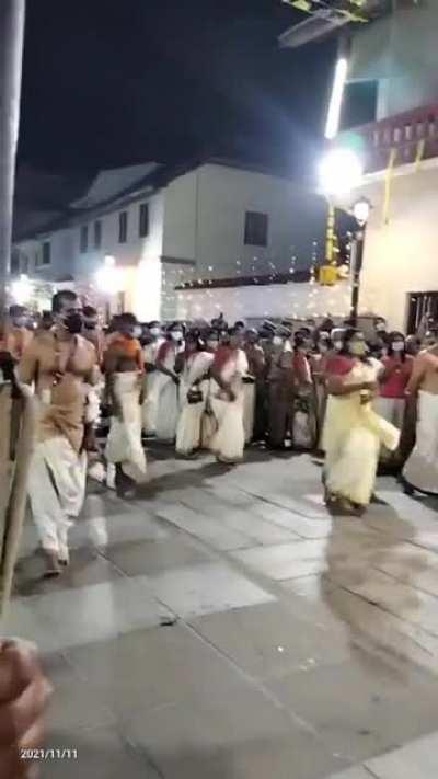 Sri Padmanabha, Narasimha and Parthasarathy returning to the abode while they are given a gaurd of honor by the state police with a 21 gun salute . The brisk movement is a beauty of his return journey to his sanctorum 🕉️
