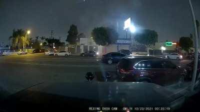 Compton, Street Take Over, Pedestrians imped car from pulling out for a sec and get shot at for no reason by car occupants. I was parked right by the car and my dash cam captured the whole event. One of the bullets hit my truck, I thought I was dead for a