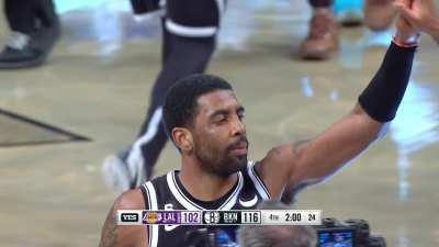 [Highlight] Kyrie with only 1.8 seconds to work with hits the fading corner 3 to send the Lakers starters to the bench and seal the Nets win