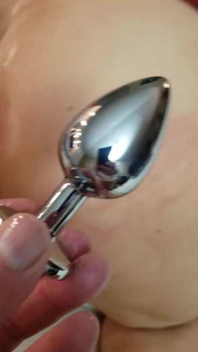 Close up of my tight asshole getting the plug pulled out slow