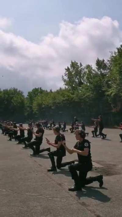 Practicing handgun shooting in a row