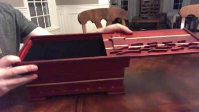 You guys liked the box I built two weeks ago with the secret drawer. This box has two. Mechanism video in comments.