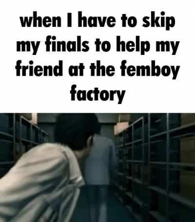 Had a dream that I had to skip my finals because my friend who runs a femboy factory was understaffed and I needed to help or there could be catastrophic failure