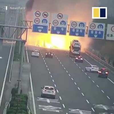 Tire blew, toppling truck on highway, igniting explosion of iron dust carrying truck, July 2022