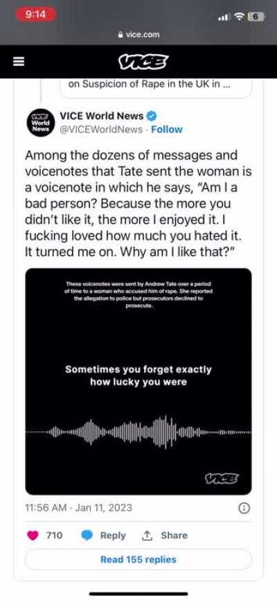 Andrew Tate admits to, and brags about, raping a victim in voice notes he sent to her.