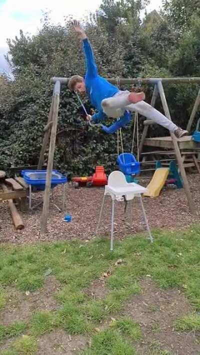 Jumping from a swing to a high chair