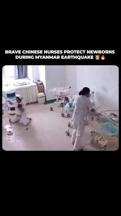 Terrifying CCTV footage has emerged showing two heroic nurses in China risking their lives to protect newborns during a powerful earthquake that rocked the China-Myanmar border.