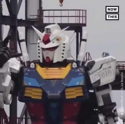 A life-sized Gundam robot making the first movement tests in Yokohama, Japan