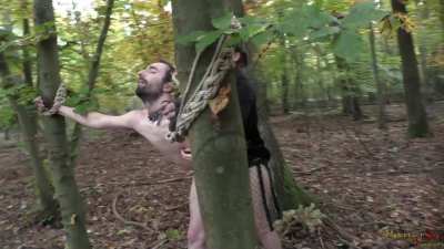 Outdoor strapon fuck in the forest