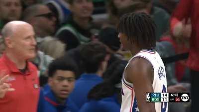 [Highlight] Maxey steals the ball from Jaylen Brown then Brown commits the transition take foul. Harden and Embiid fight over who gets to take the first NBA take foul free throw but Harden wins and makes it.