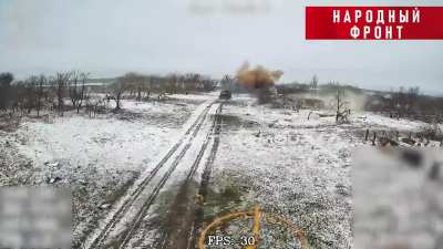 Fiber-optic FPV drone strikes Ukrainian Leopard 2 in the village of Darino, Kursk region. 51.2545216, 35.0248096.