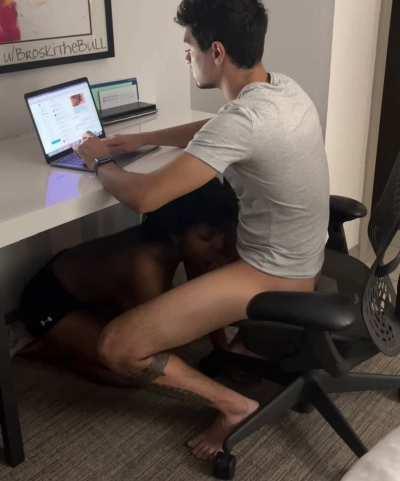 Sucking my cock while I respond to some messages