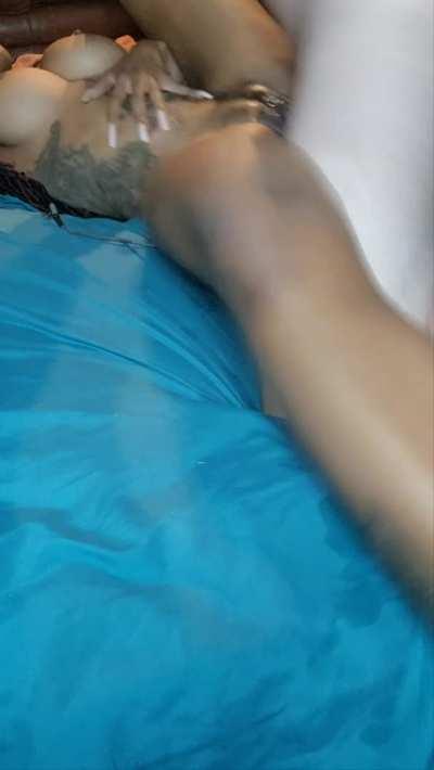 Messy bed happy lady