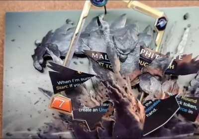 Shadowbox of Malphite, altered the original art with LoR card frame and text (destroyed by himself) / Semi-gloss photo paper / Commissioned