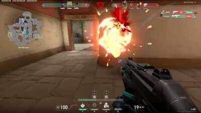 Viper 1v4 on Haven B Site defending the Spike. IDK if the Snake Bite throw on default is public knowledge yet.