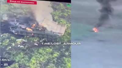 A Ukrainian BMP-2 was destroyed by a strike from a fiber-optic FPV drone "KVN" - Razliv