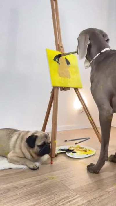 A dog drawing a portrait of another dog