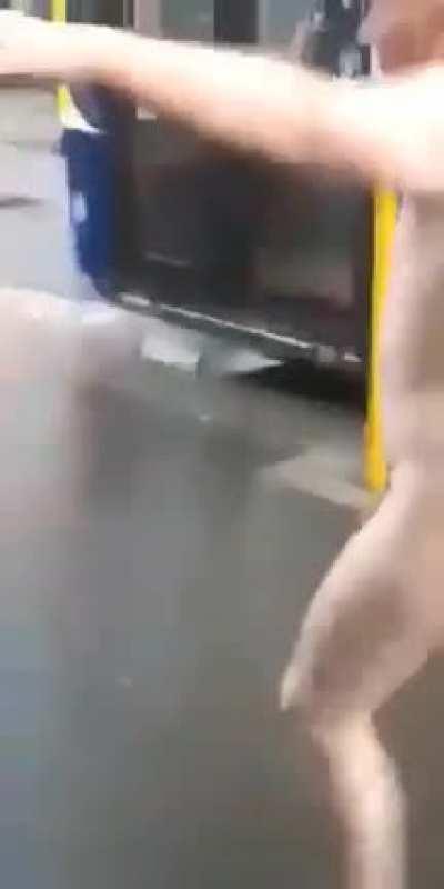 Dude absolutely fucking twizzled walking around the UK streets, butt naked nudist on illegal substances.