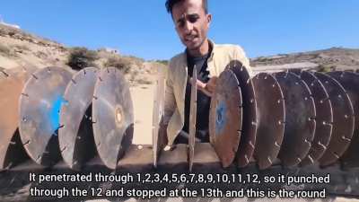 The most normal scientific experiment in Yemen, a guy testing various weapons including AK-47 Type 2, Kar98K, HK G3 and most interestingly a WW2 era soviet made PTRS-41 14.5x114mm Anti-Tank rifle on 30+ rusty saw blades