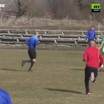 Referee attacked after giving out a yellow card. This happened in Bulgaria, one week ago during a 4th tier football match. Referee escaped uninjured.