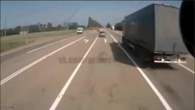 Brake checking a truck goes wrong 