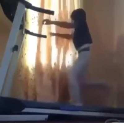 trying to take your shirt off while running on the treadmill