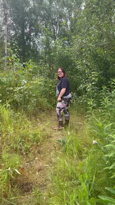 Wifey walking around back of our property with her leggings pulled down to show off her ass in Lacey panties. Then have her flash her tits.