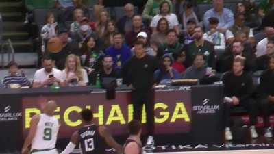 [Highlight] Replay of Paul George's jumper getting blocked from behind by Derrick 