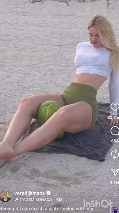 Vera Djikmans crushing a watermelon with her Thighs