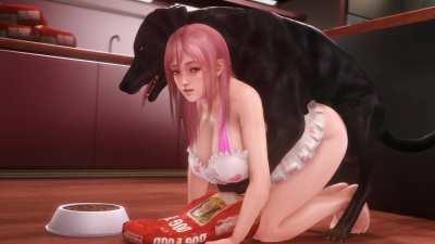 Honoka was pouring food for her dog but he wanted her instead (noname55) [Dead or Alive]