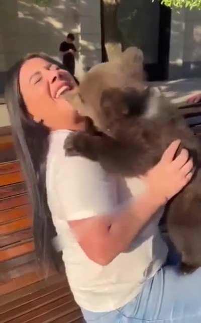 Hugging a bear cub