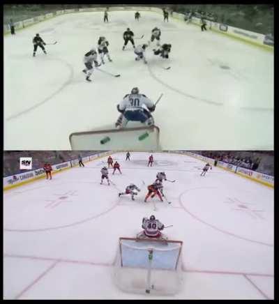 Crosby (2007) and McDavid (2021) walking through 4 players