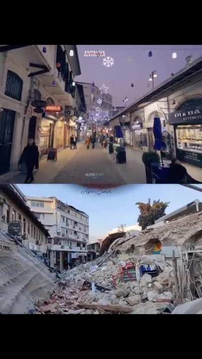 Same street before and after the february 6 2023 earthquake in Antakya, Turkey.