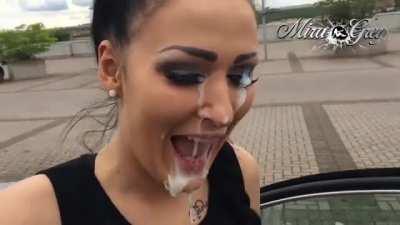 Proud cumslut Mira-Grey stands up in public covered in cum