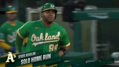 [Highlight] [Highlight] Jesus Aguilar hits his second home run of the game; this one bounces off Mike Trout's glove.