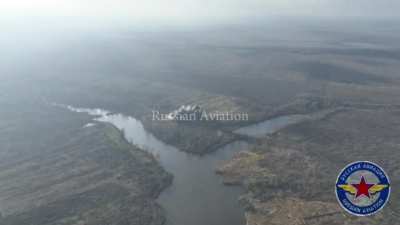 3 FAB bombs flying by a drone, followed by the shockwaves on the ground.