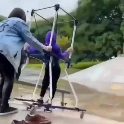 He has Cerebral Palsy and wanted to skate board so his mom created this for him so that he could.