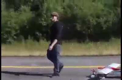 What could go wrong spinning the propeller of a remote control airplane with your foot?