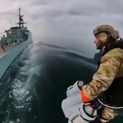 Marines perform boarding exercises with JETPACKS and landing on a high-speed ship. The future is now, old and young man