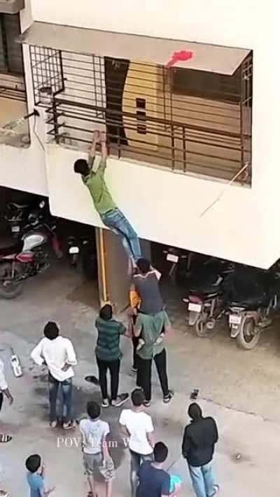 Retrieving the ball from the first floor.