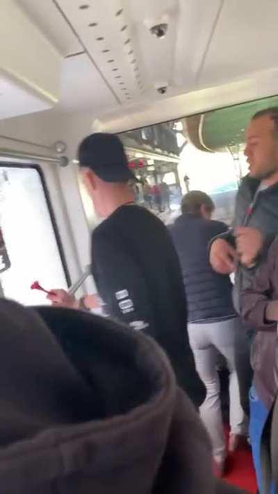 Guy smashes train window just because ride got shortly interrupted