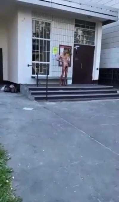 Russian man after alcoholic binge stands around with cut off dick in hand